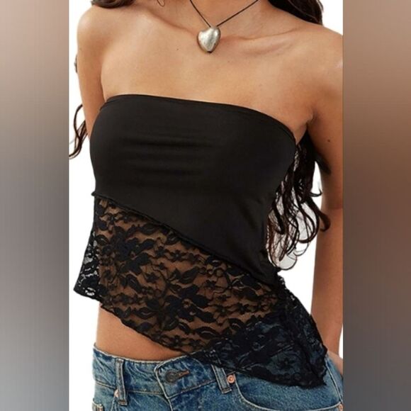 Strapless Black Lace Bandeau Crop Tube Top Asymmetrical Hem - Women's Size Large - Picture 1 of 9